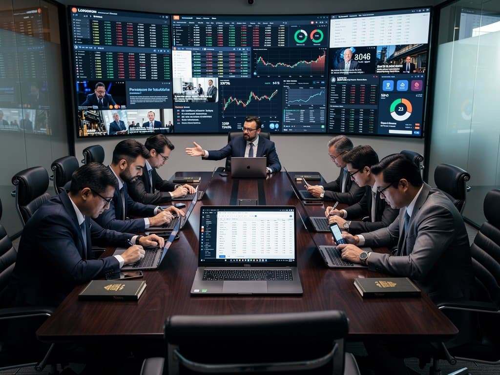 Modern boardroom scene with crypto charts on screens, tax spreadsheets, and city skyline view