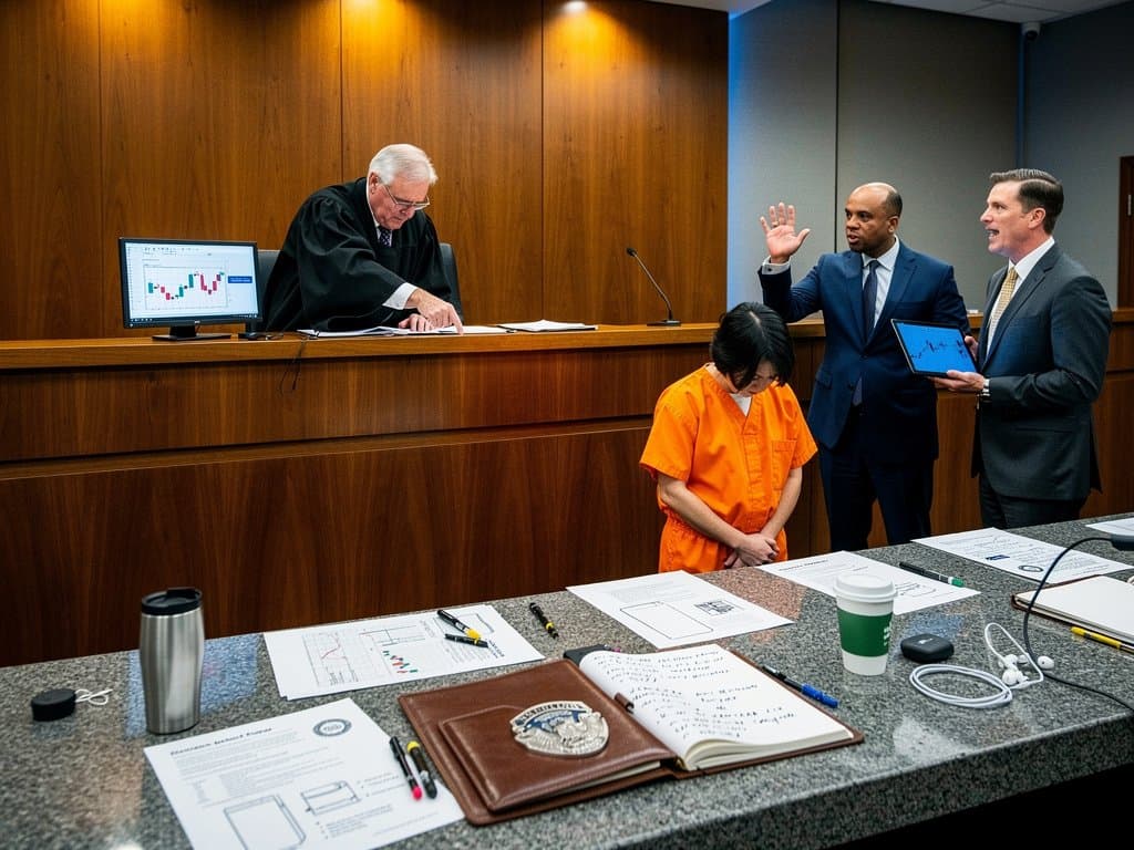 Illinois federal judge sentences Texas crypto scammer amid lawyers, digital screens, and blockchain evidence in modern Chicago courtroom