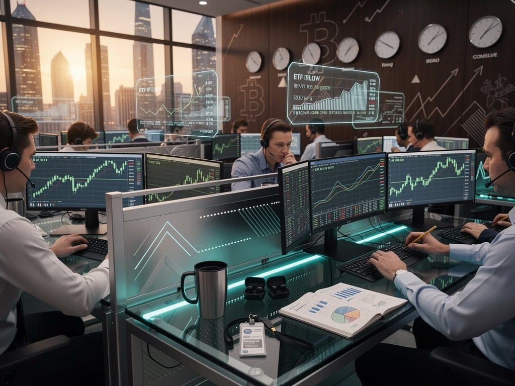 Trading floor with crypto ETF charts showing BTC at $74k, Fear & Greed 23, city skyline view