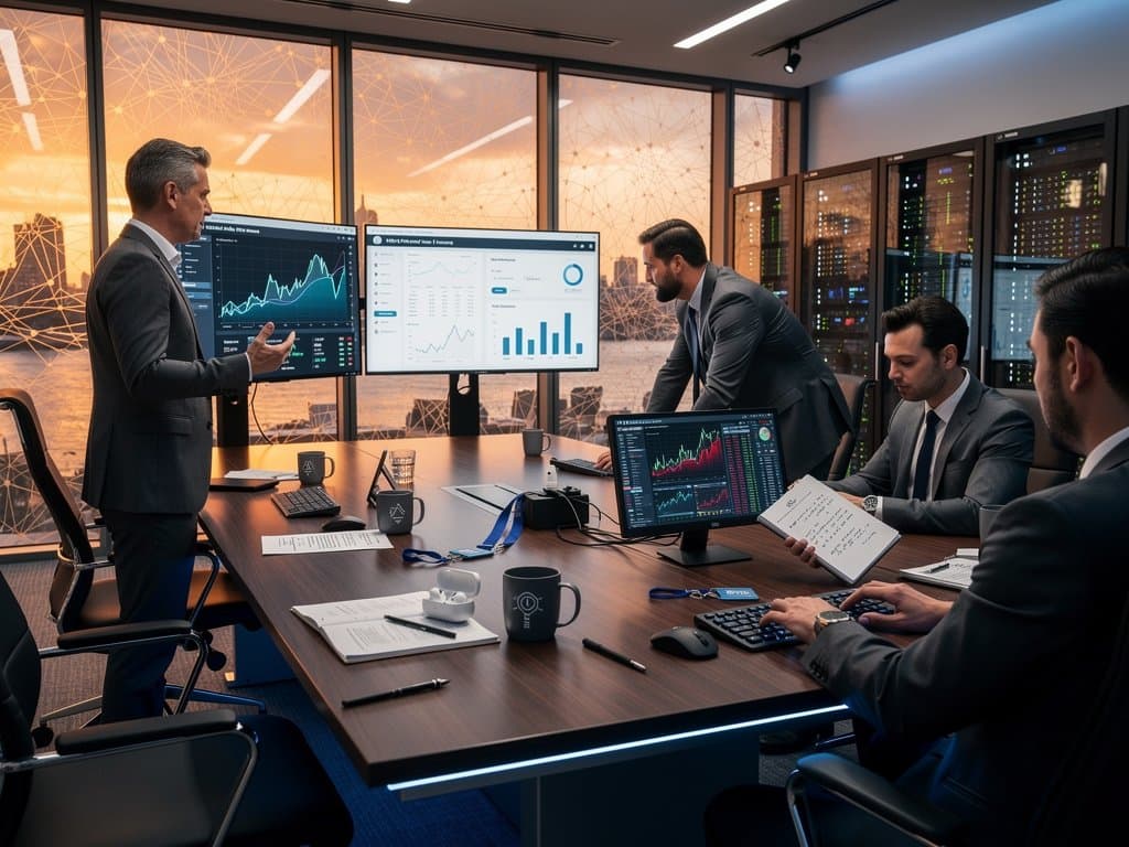 Enterprise AI dashboards on monitors in modern tech office showing OpenAI and Anthropic tools with crypto market data