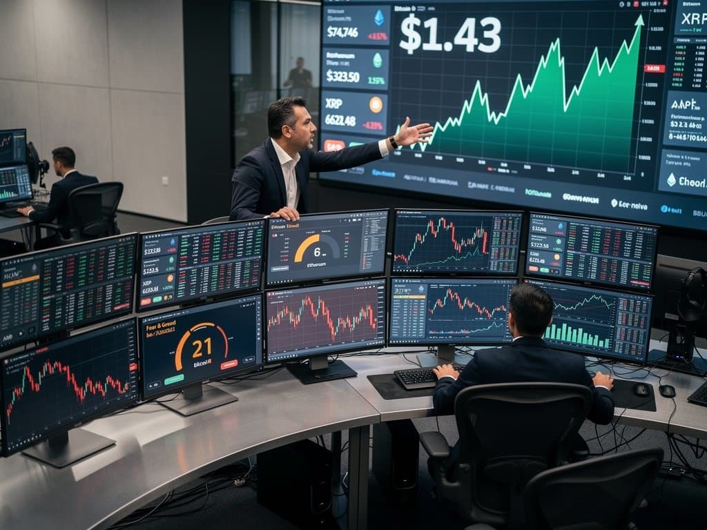 Trading screens show crypto charts with BTC at $74K, Fear Index 21, and AEI regulatory analysis