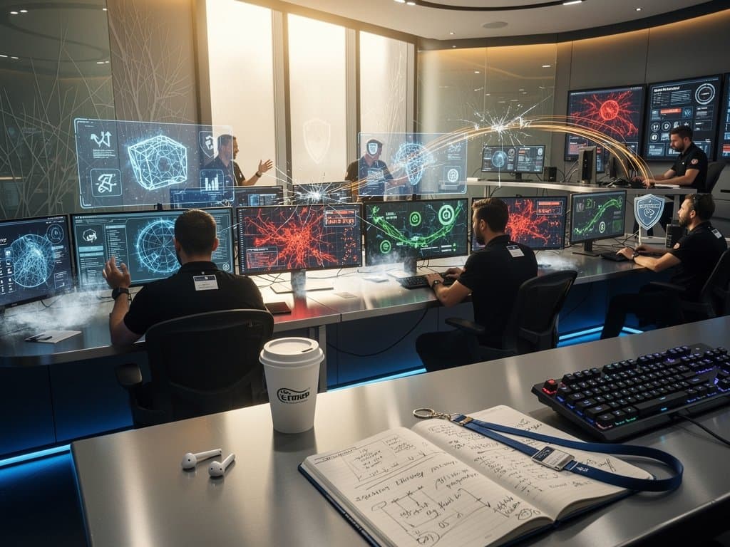 Abstract holographic AI cybersecurity command center with threat heatmaps, blockchain graphs, and data streams under blue LED lights