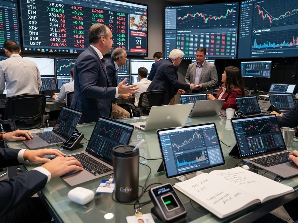 Traders at multi-monitor desks scrutinize BTC charts and Fear & Greed Index on Schwab trading floor during crypto service launch