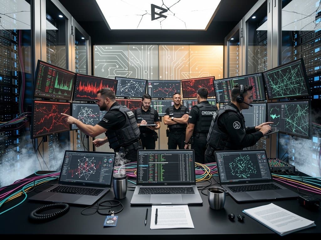 Cybersecurity team monitors Grinex exchange hack alerts on multi-monitor setup in high-security data center with blockchain visuals and servers