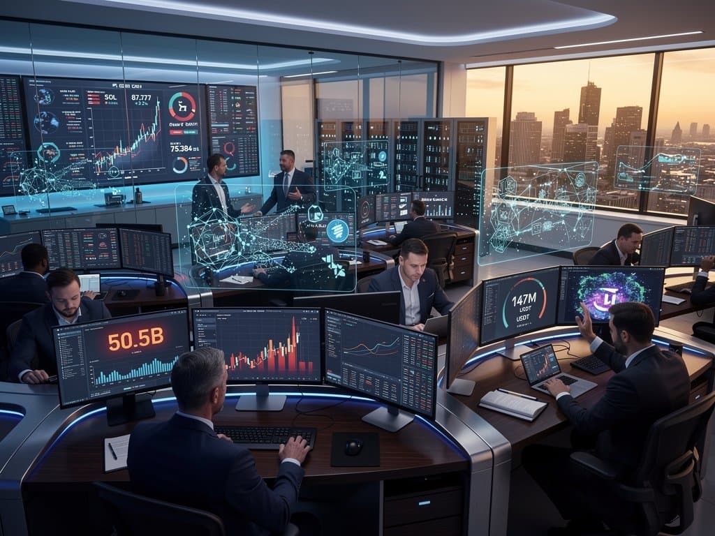 Traders on modern finance floor monitoring USDT, SOL crypto charts and Fear & Greed Index amid market volatility