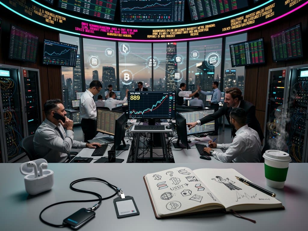 Trading floor monitors displaying Solana DeFi charts and Tether USDT liquidity flows amid market activity