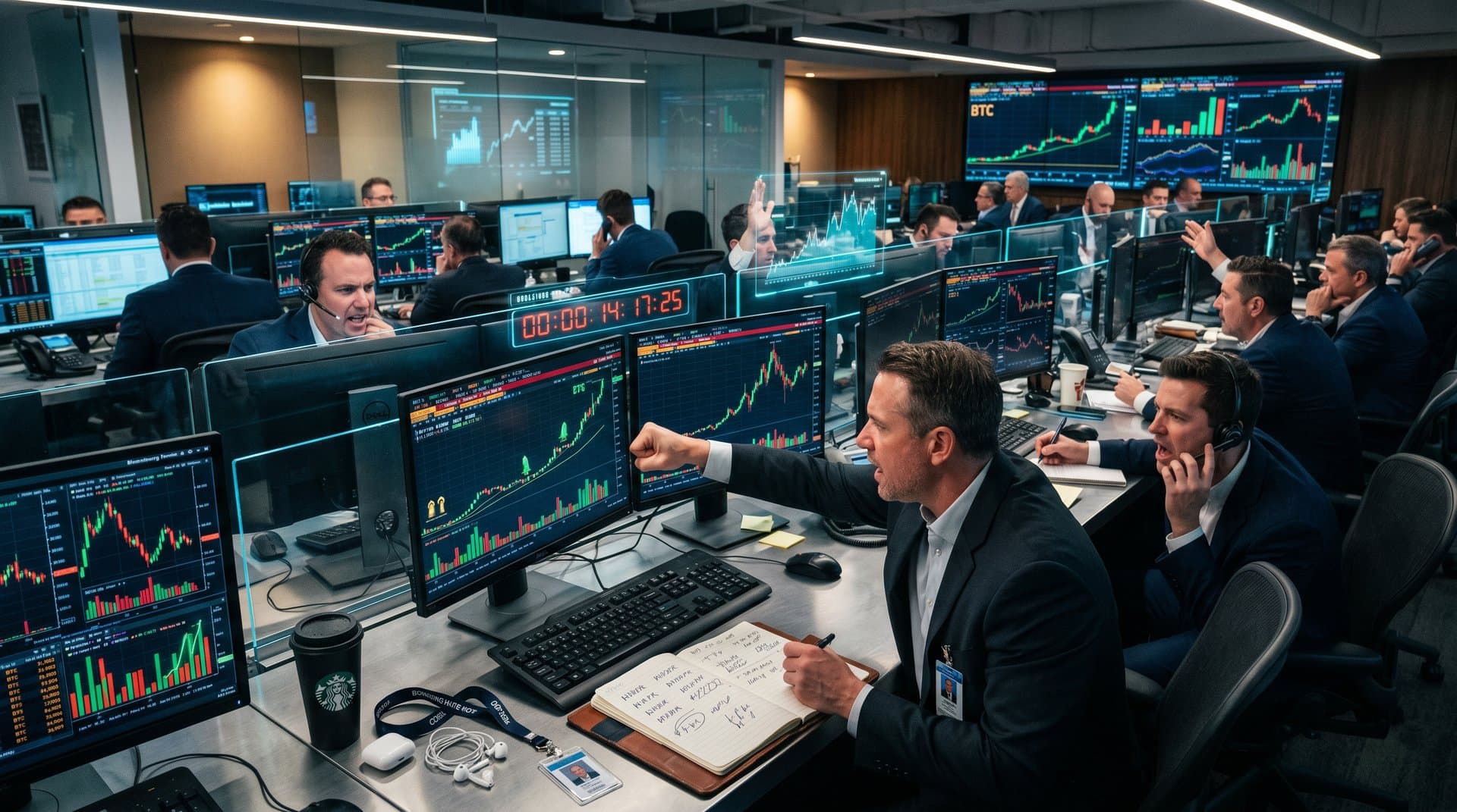 Trading terminals display Bitcoin at $77K, Fear & Greed at 21, crypto stocks COIN MSTR rising amid halving charts in modern finance setup