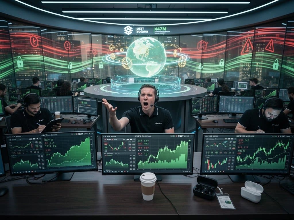 Abstract crypto trading charts showing USDT bailout impact on Solana DeFi recovery