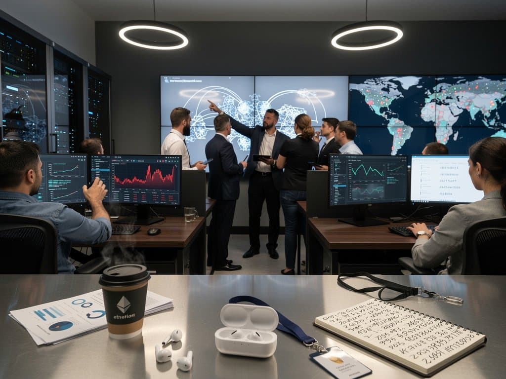 Blockchain security team analyzes scam transactions on multi-monitor setups in operations center