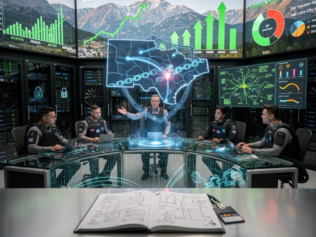 Abstract blockchain security shield over Utah map with BTC chart and data streams in high-tech style