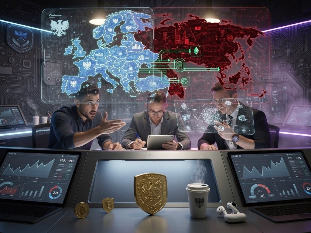 Holographic Europe map with Poland-Russia crypto flows, BTC at $77K, blockchain visuals