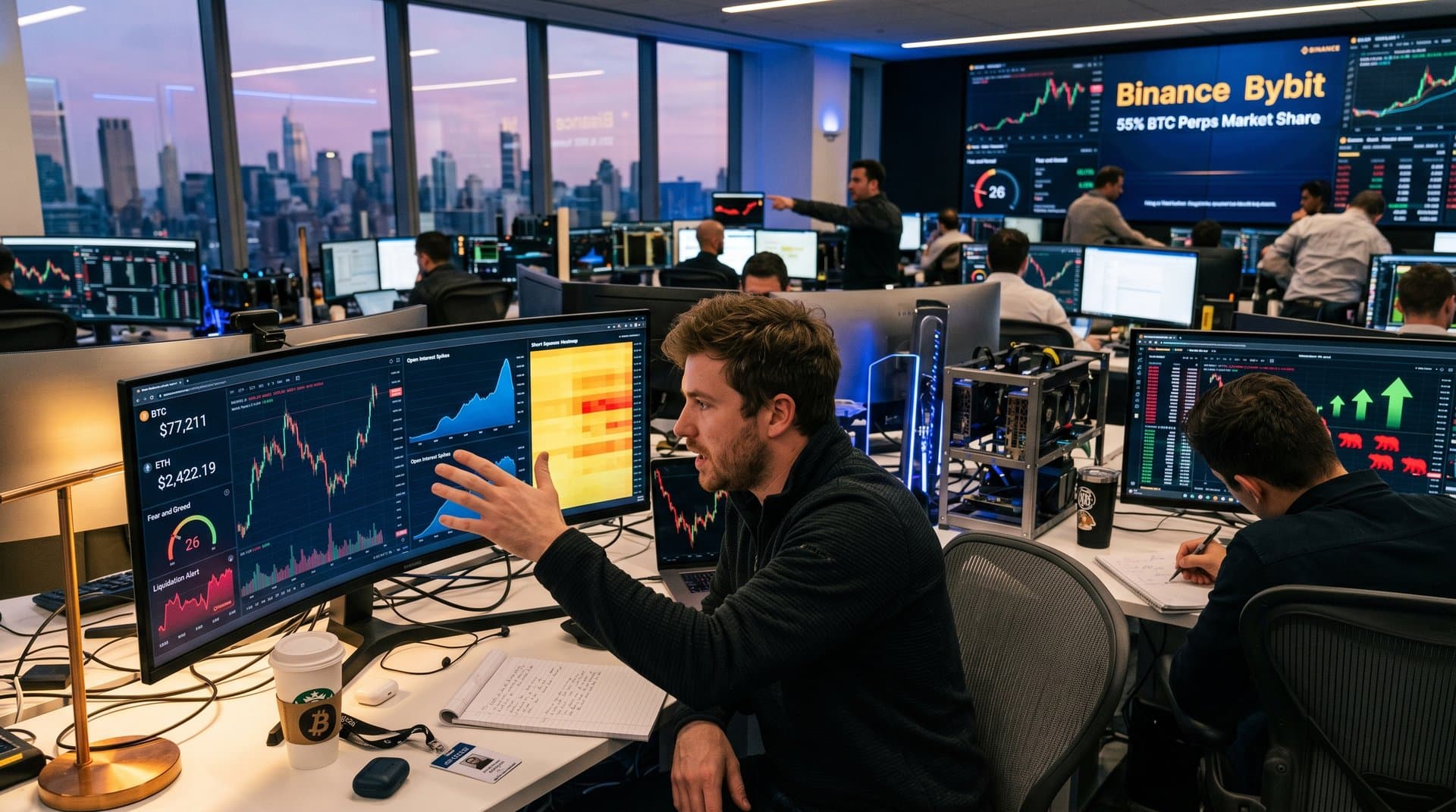 Crypto trading screens show BTC surge to $77K, Fear & Greed at 26, short squeeze alerts flashing