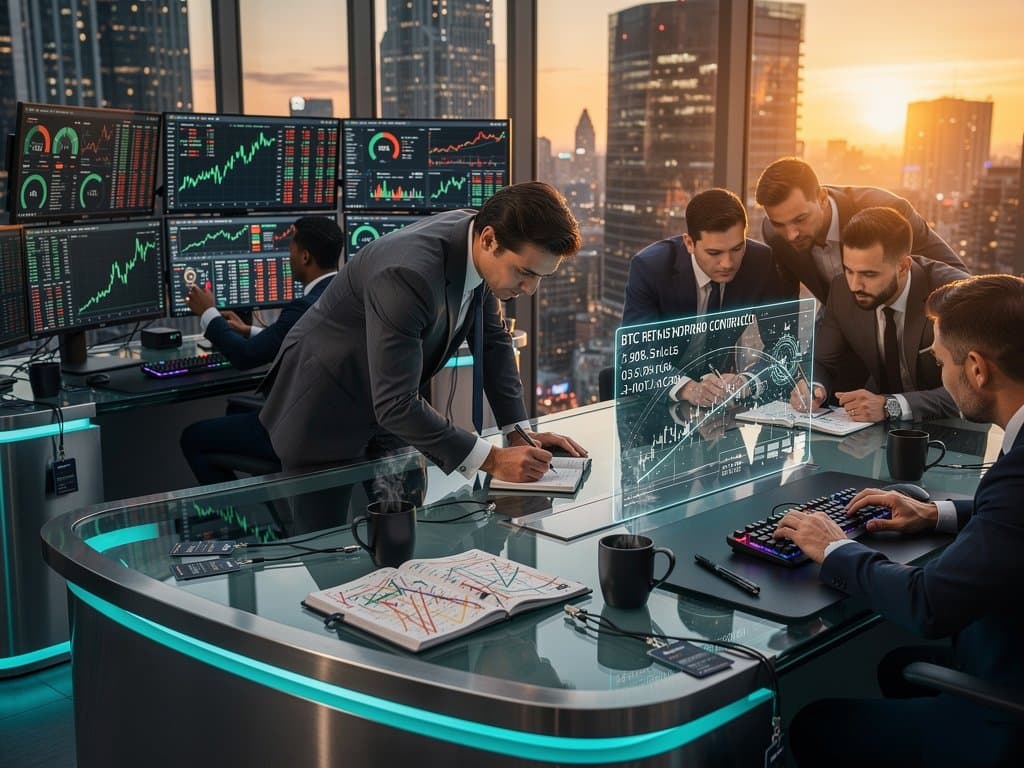 Trading floor with screens showing BTC $77K, crypto short squeeze data, Fear & Greed Index at 26, analysts in discussion
