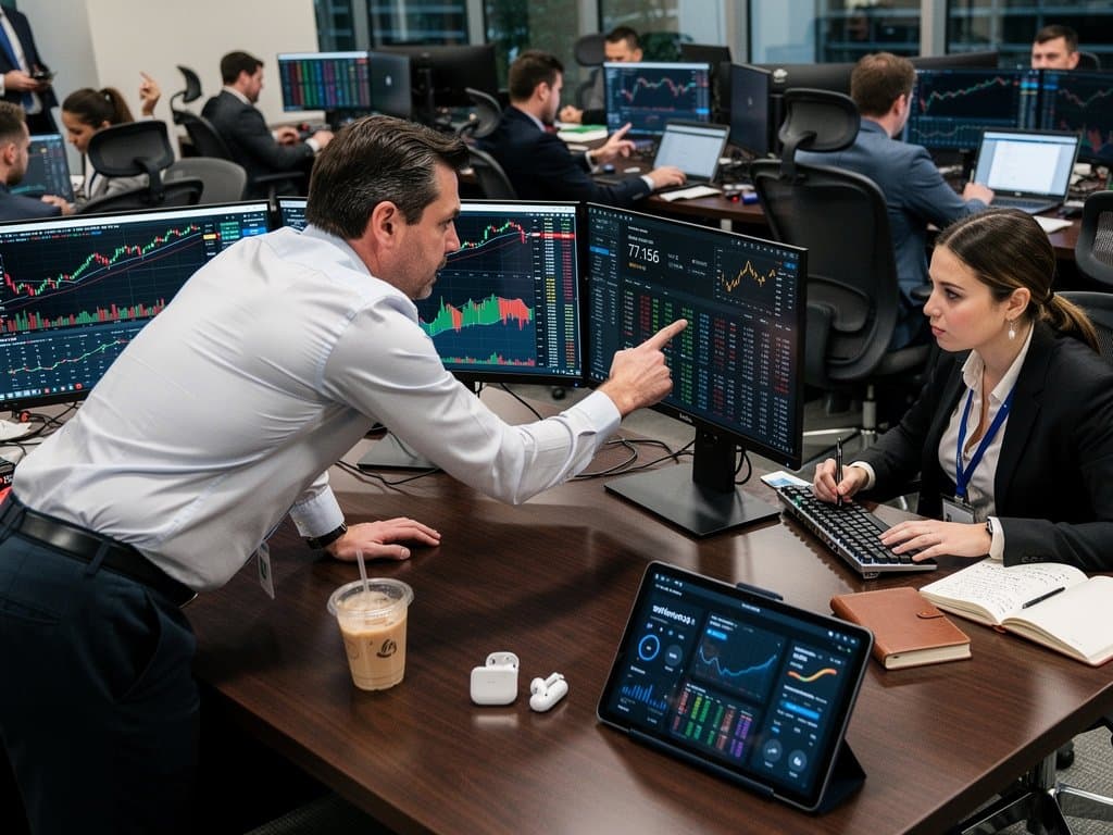 Traders at walnut desks with multi-monitors showing futures charts and crypto data in a sleek hedge fund trading floor