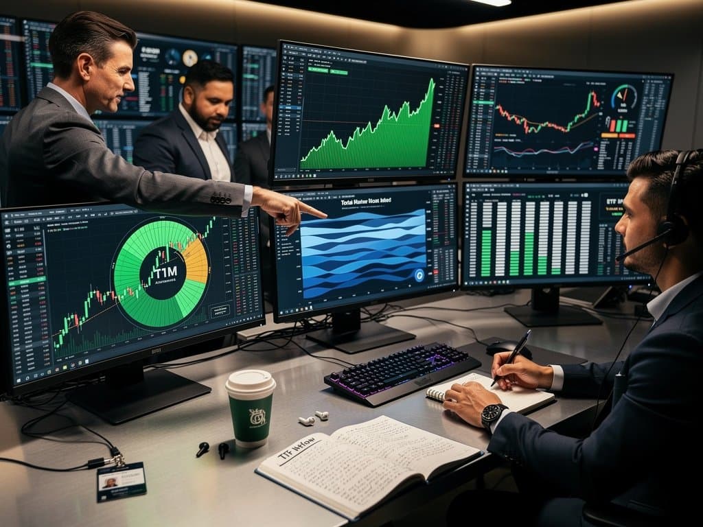 Traders at modern desks with Bloomberg terminals showing BTC charts and MicroStrategy data on bustling Goldman Sachs floor