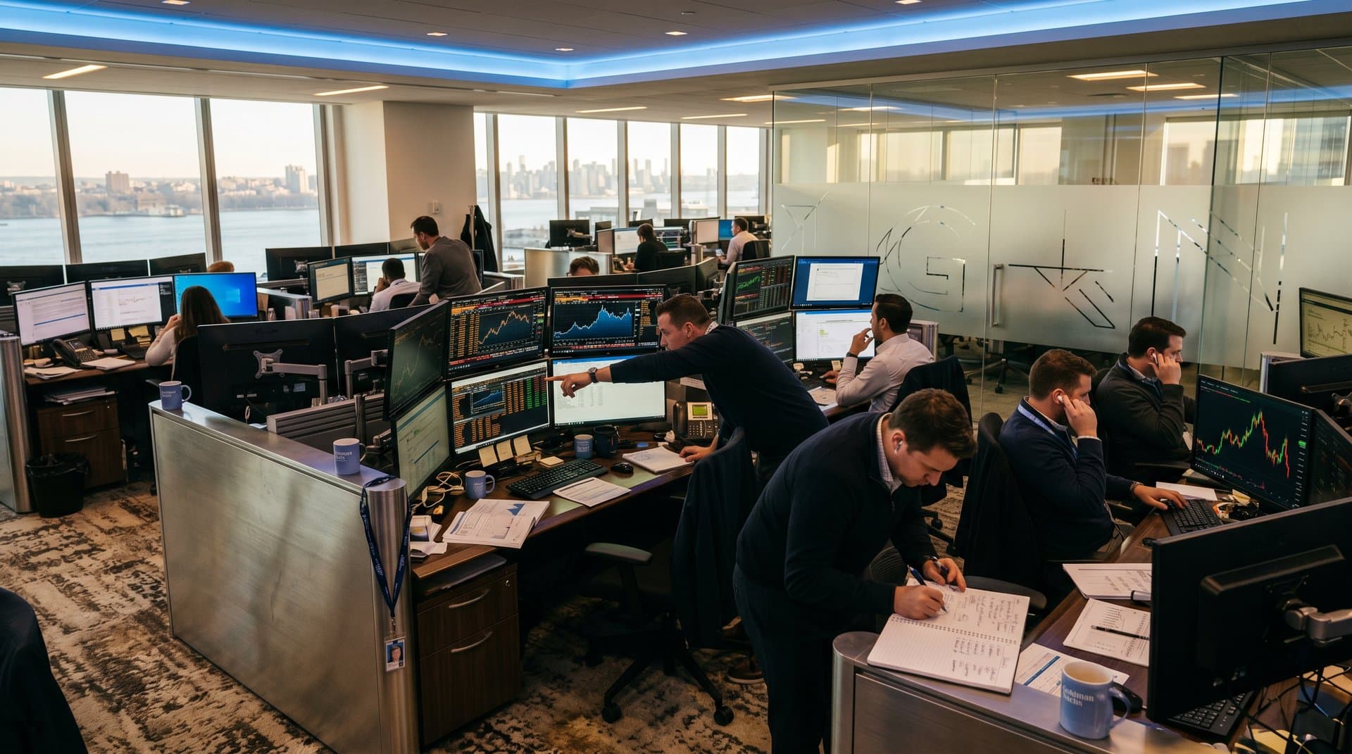 Wall Street trading floor screens show Bitcoin at $77K, crypto charts, and midterms funding leaderboards in modern finance hub