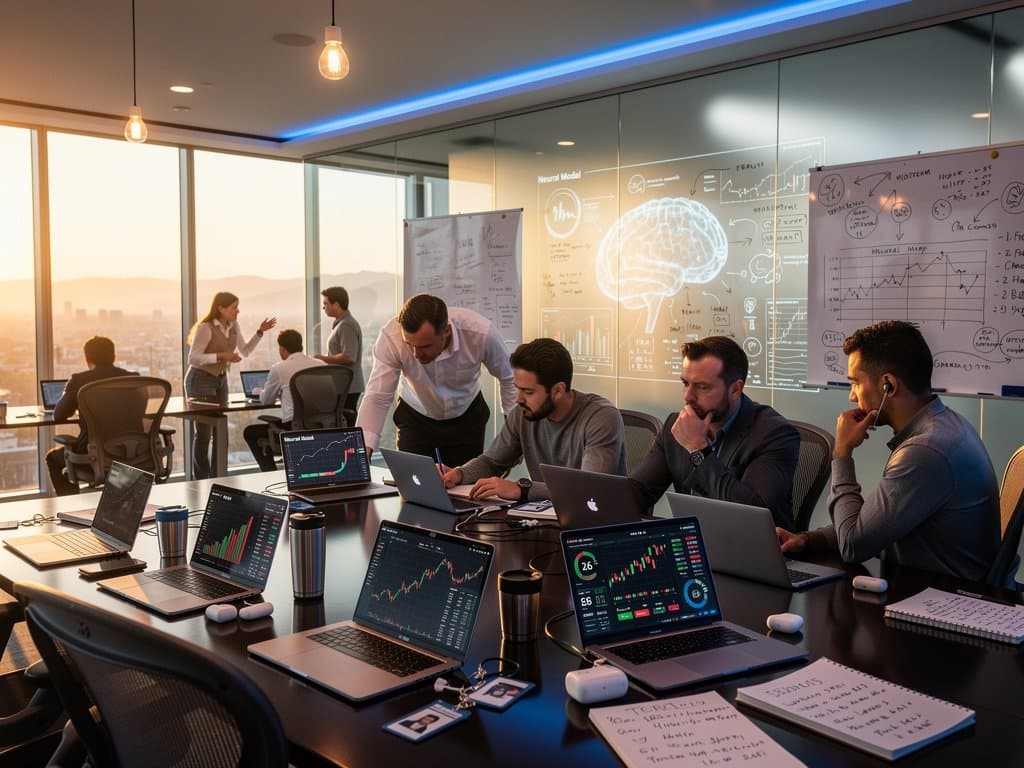 Silicon Valley tech office with AI screens, BTC $76K charts, and midterm strategy maps