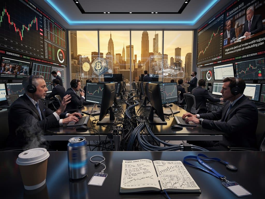 Trading floor monitors show BTC charts, Fear Index at 26, and Gaza crypto probe news amid market tension