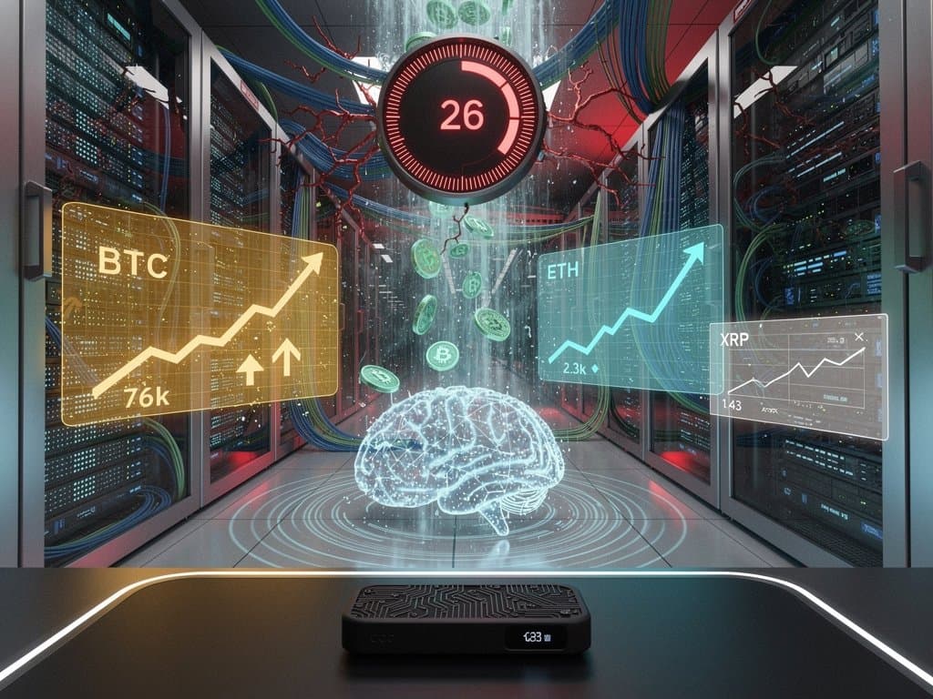 Digital tokens flow into AI network with BTC $76K charts and Fear & Greed 26 gauge in fintech visualization
