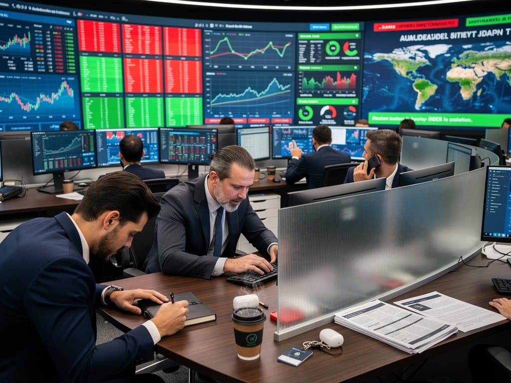Trading floor showing BTC at $76K, Fear & Greed 26, Russia crypto crackdown news amid market charts and compliance docs