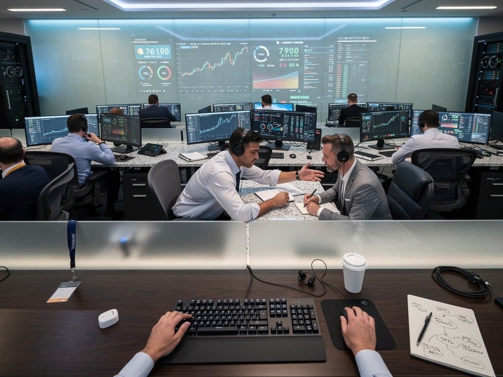 Corporate treasury trading floor with Bloomberg terminals showing Bitcoin accumulation data, prices, and market metrics