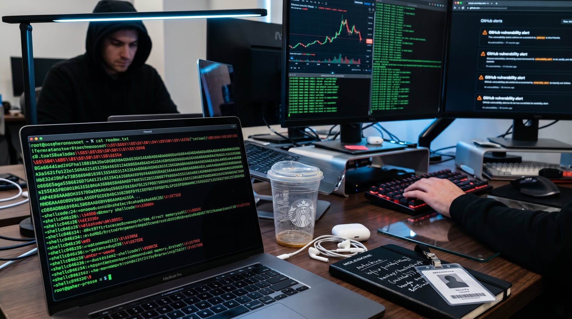iTerm2 terminal on MacBook showing cat readme.txt exploit with red-highlighted escape sequences amid blurred fintech charts