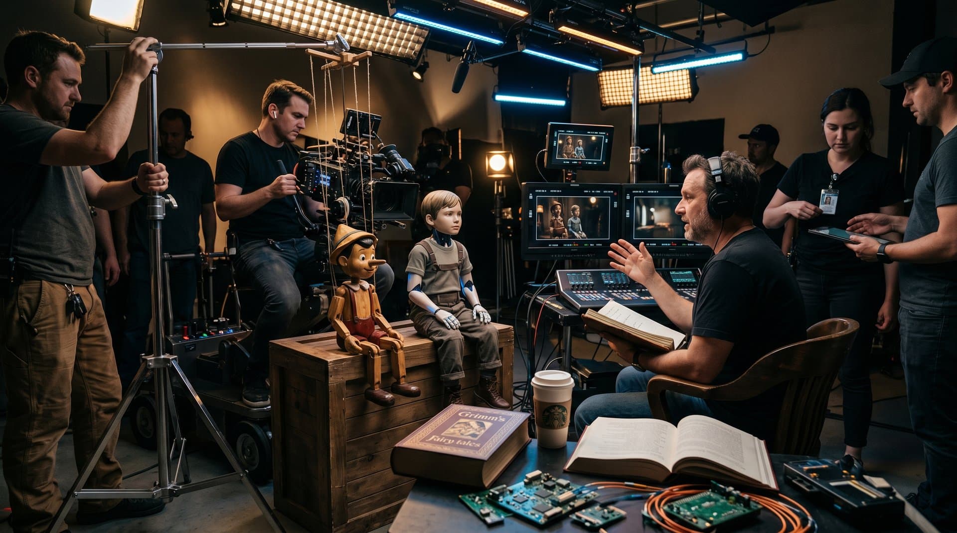 Pinocchio puppet and AI robot on Kubrick film set, symbolizing machine consciousness debate