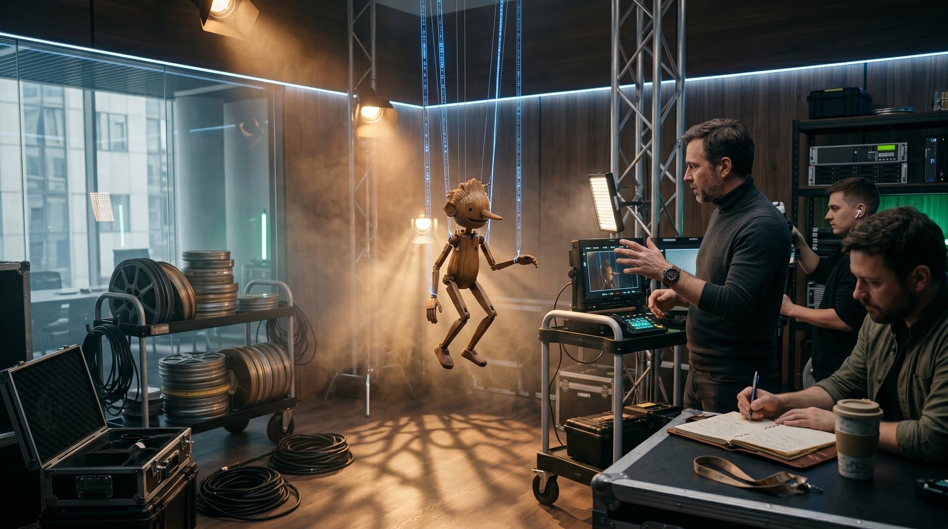 Pinocchio puppet with AI circuits and blockchain holograms in Kubrick film studio, highlighting mechanical limits