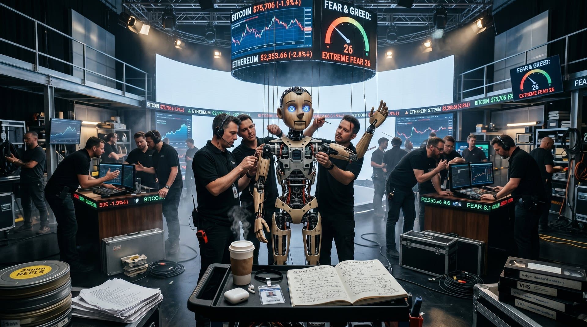 Pinocchio robot puppet with crypto charts in Kubrick-inspired Hollywood studio