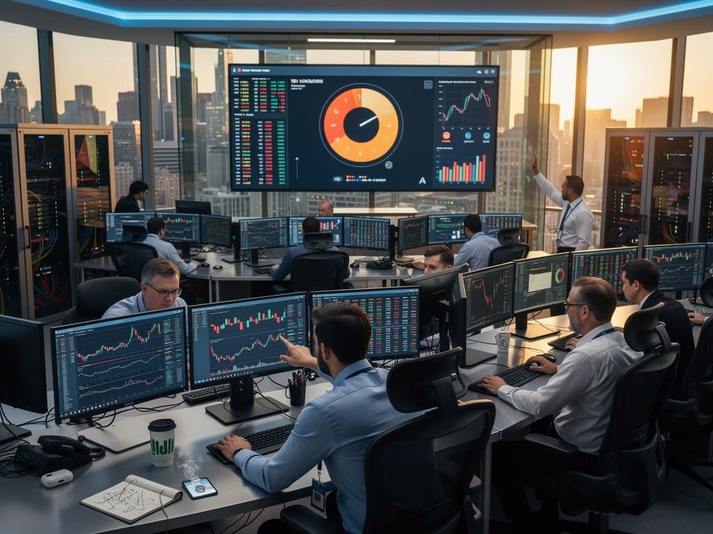 Trading floor screens display XRP and Solana charts with Fear & Greed Index amid market dip and city skyline