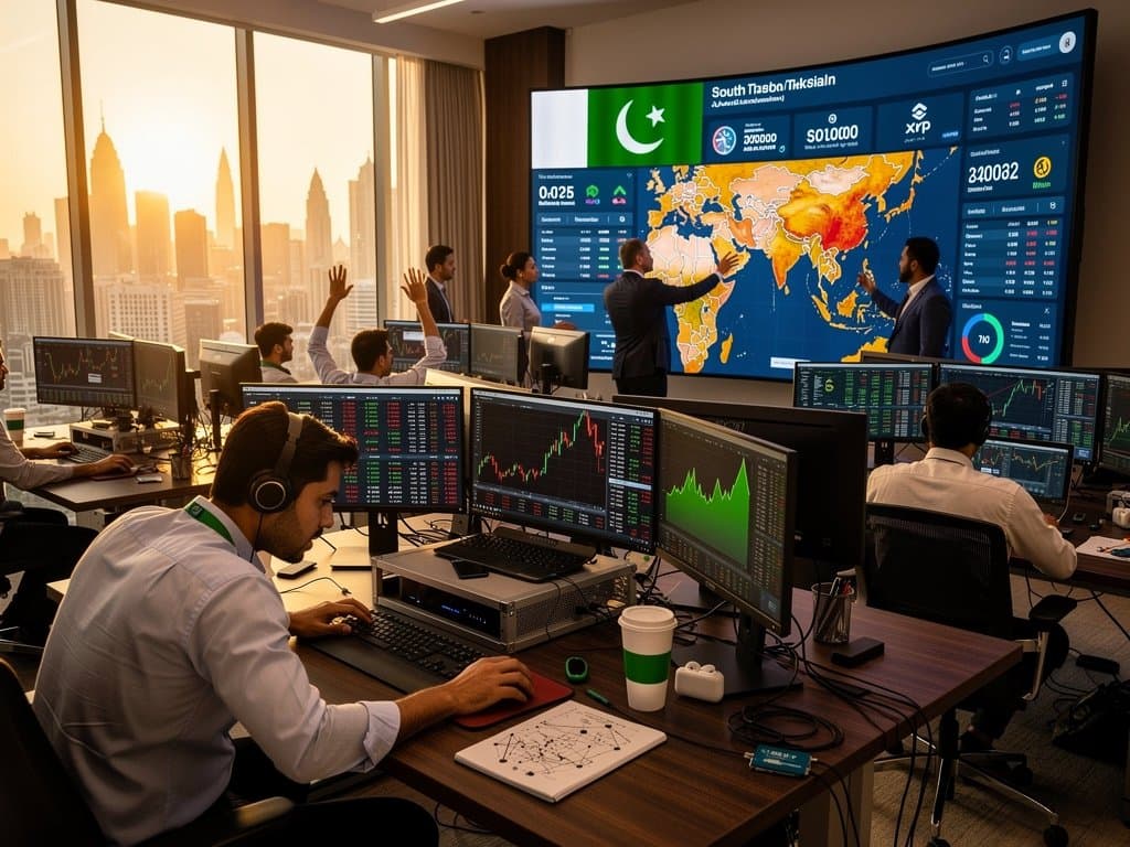 Fintech traders monitor BTC $75,830 and Pakistan crypto ban lift on multi-screens amid remittance charts