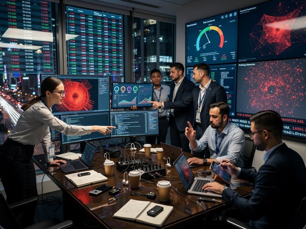 Cybersecurity team analyzes crypto scam alerts on multi-monitors amid red market charts and blockchain data
