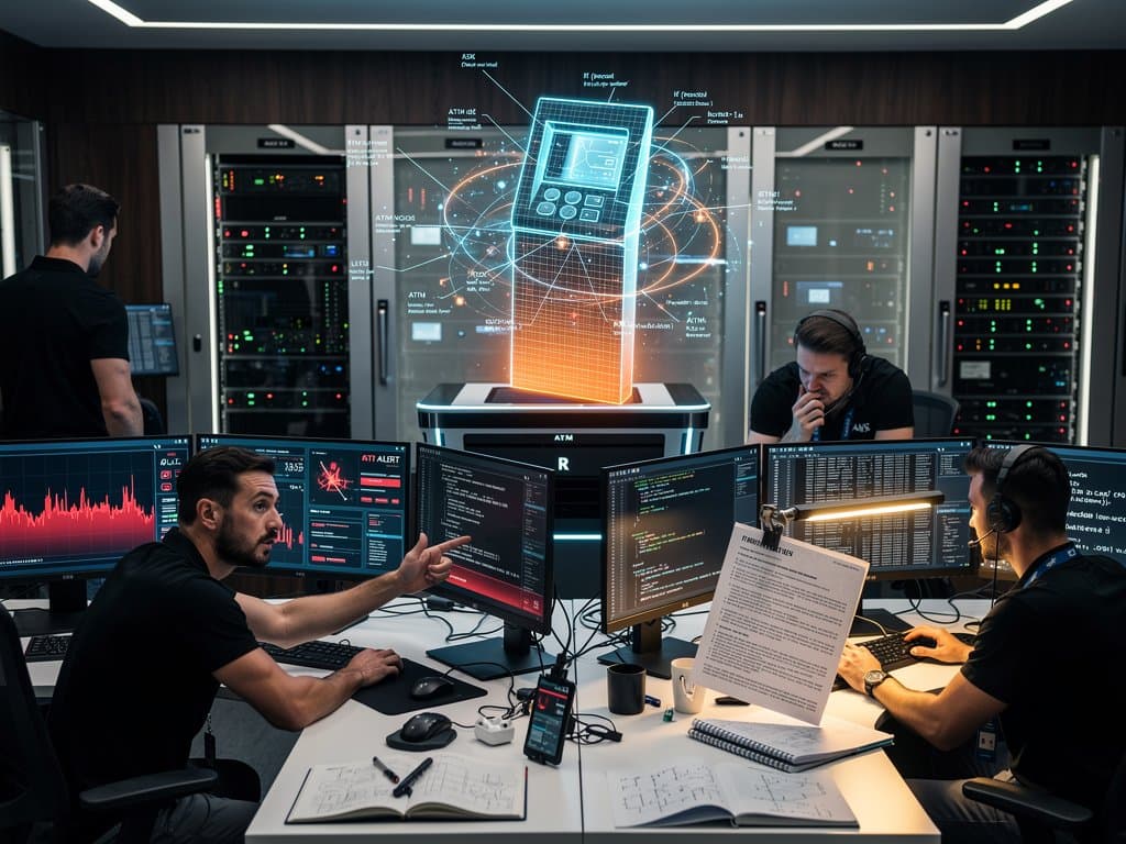 Monitors show red ATM cyber alerts from AI bots ATMs in abstract ops center with servers and threat maps