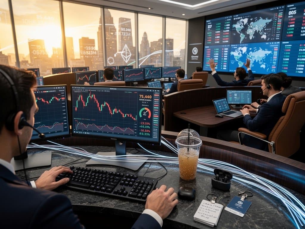 Modern trading floor screens show BTC at $75,440 and Fear & Greed at 27 amid crypto volatility charts