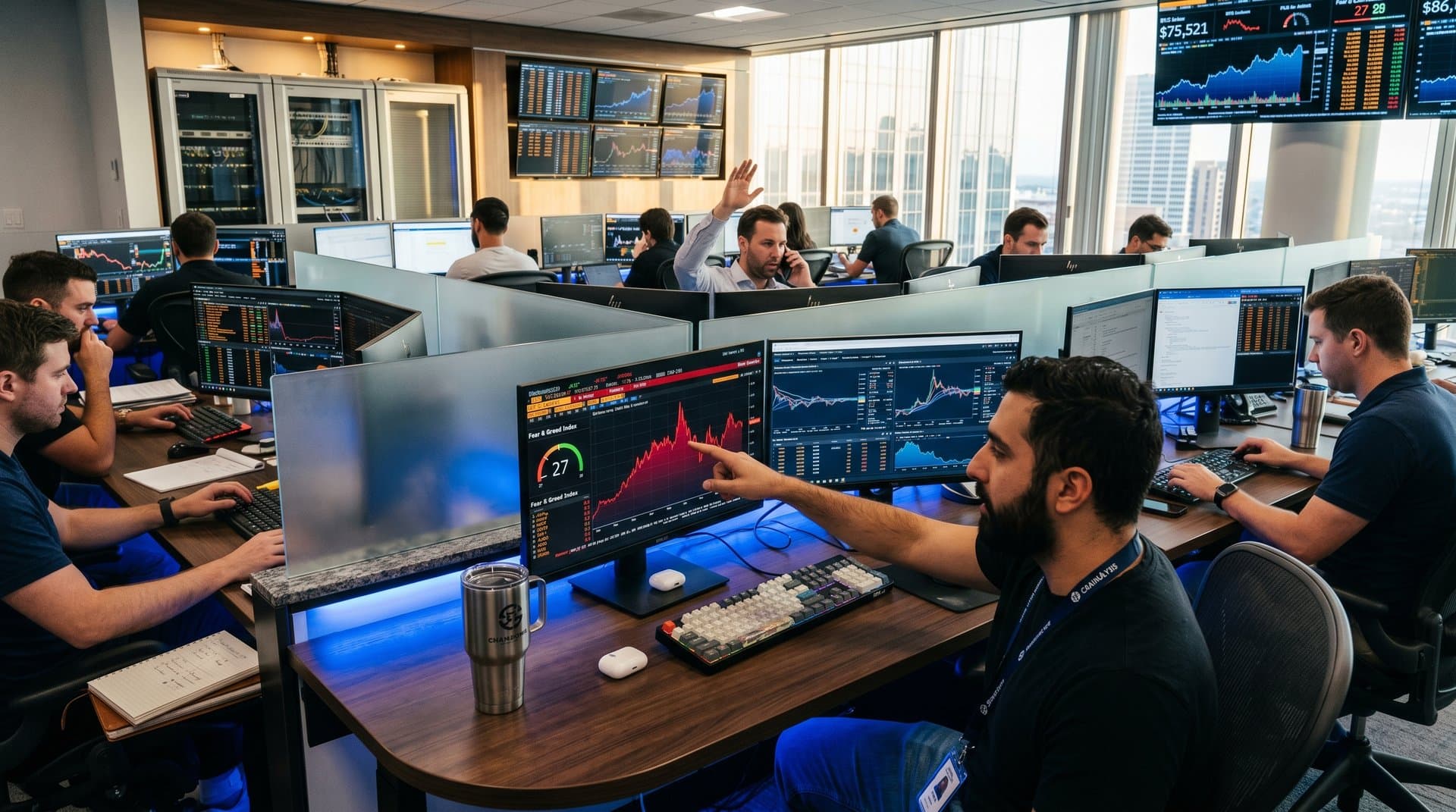 Crypto compliance desk with Bloomberg terminals displaying Fear & Greed Index at 27, scam alerts, and BTC charts in modern trading room