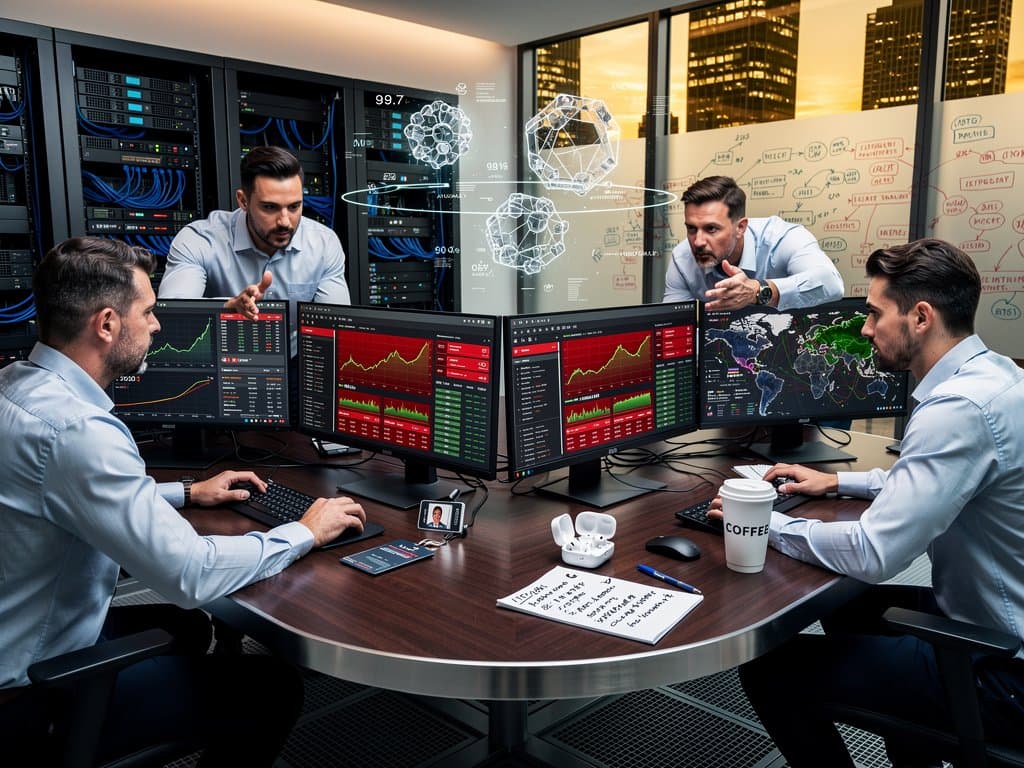 Cybersecurity center monitors blockchain alerts, scam heatmaps, and crypto prices on multi-screens amid glowing servers and city views