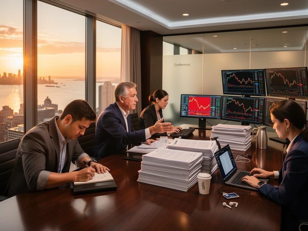 High-end law firm conference room with SEC documents, crypto charts on Bloomberg Terminals, and city skyline view amid blockchain litigation