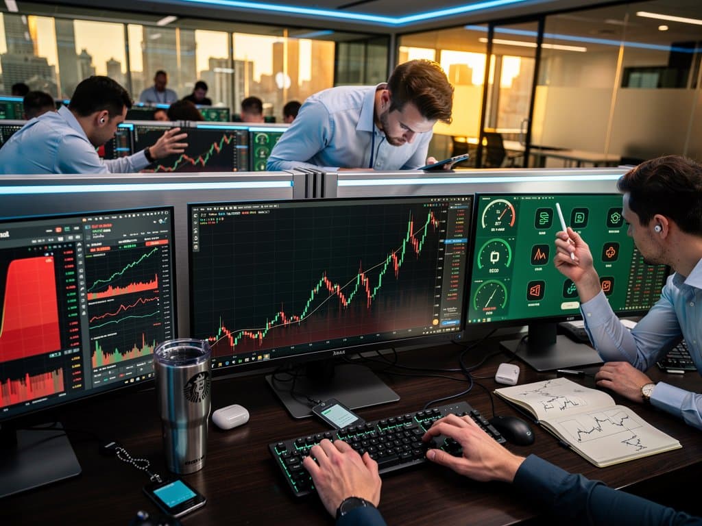 Crypto traders analyze BTC and BNB charts with Fear & Greed Index on multi-monitor fintech desk