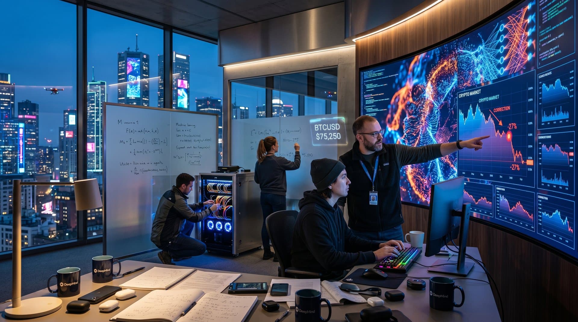 Futuristic DeepMind lab screens showing neural networks, crypto charts at fear 27, tech workspace elements.