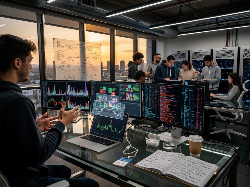 Silicon Valley AI engineers analyzing token waste and chaotic agent simulations on multi-monitor setups in modern office