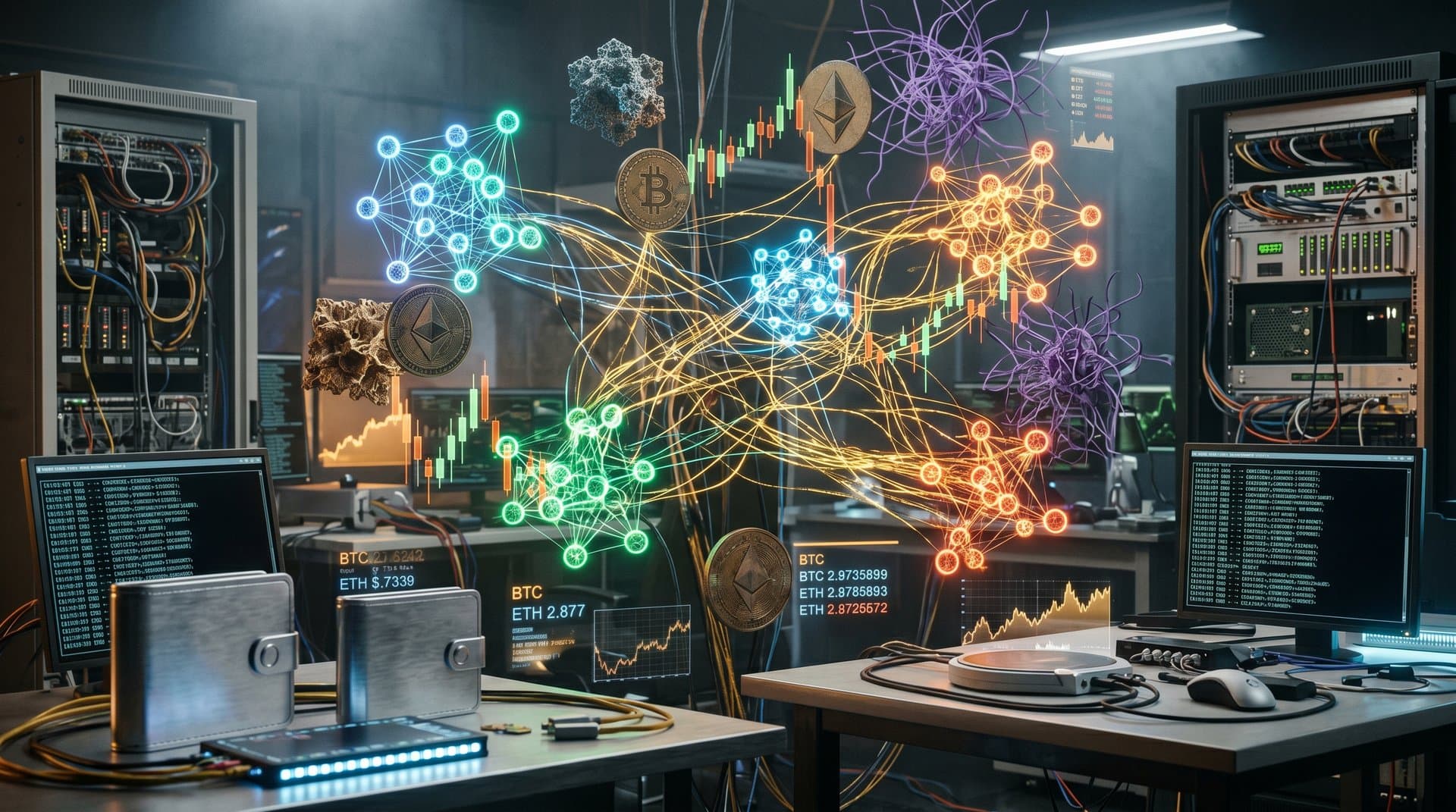 Abstract graph database network with AI and blockchain elements in neon glow