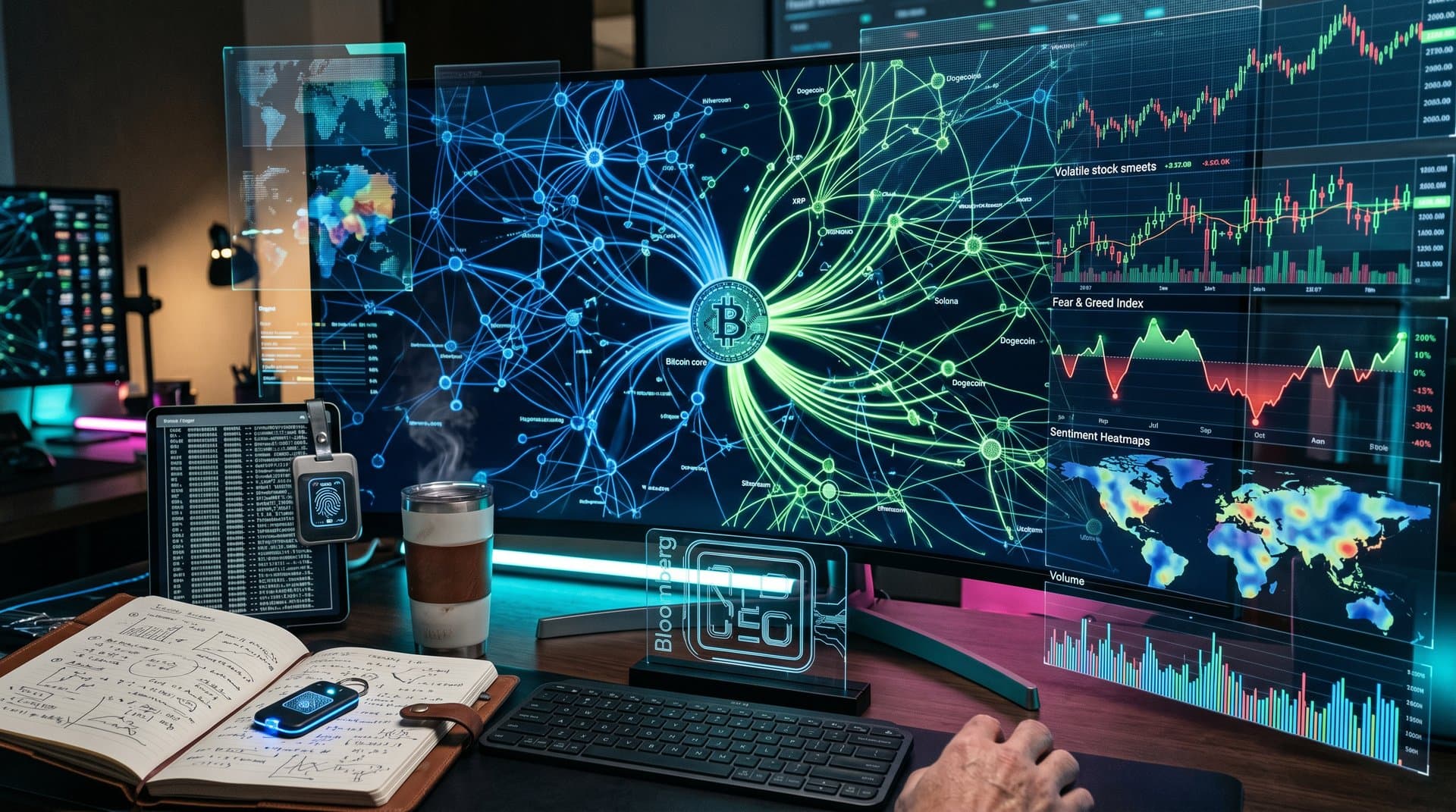 Glowing graph database network with AI pathways, blockchain transactions, and Bitcoin symbol in neon fintech style
