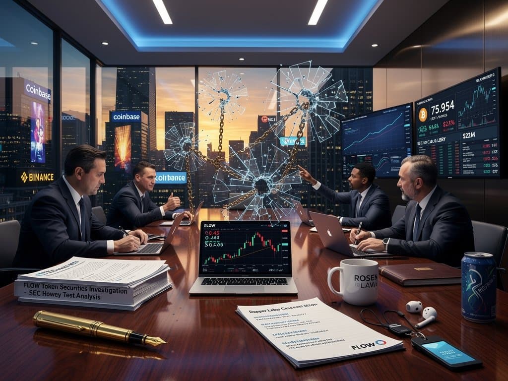 Lawyers analyzing FLOW token securities charts on Bloomberg terminals in modern conference room