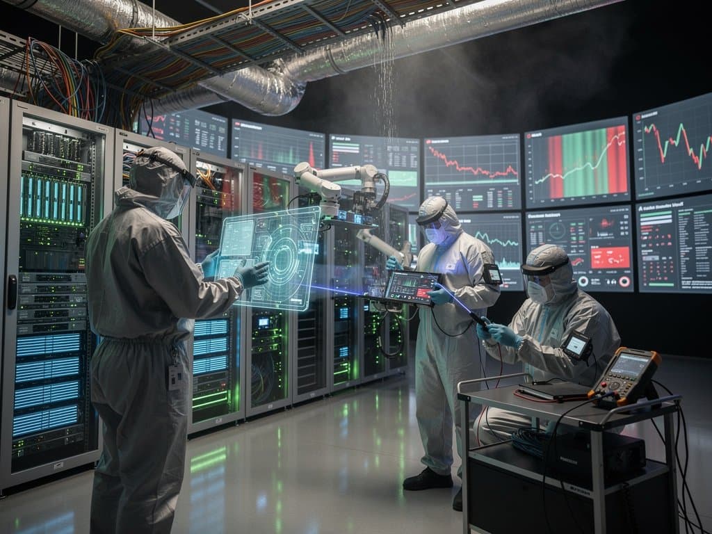 Engineers in cleanroom suits inspect Nvidia GPUs and Micron HBM modules in a secure Tier IV data center with AI metrics displays and cooling systems