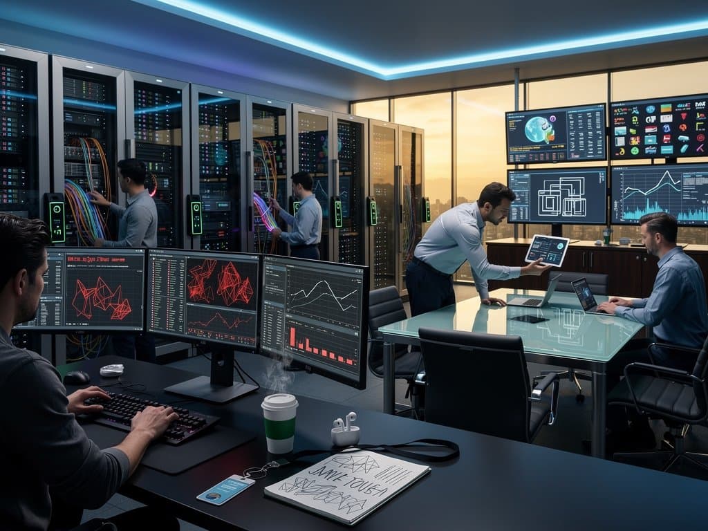 Cybersecurity engineers monitor breach alerts on multi-monitor setups in a high-security Tier IV data center with server racks and LED lighting