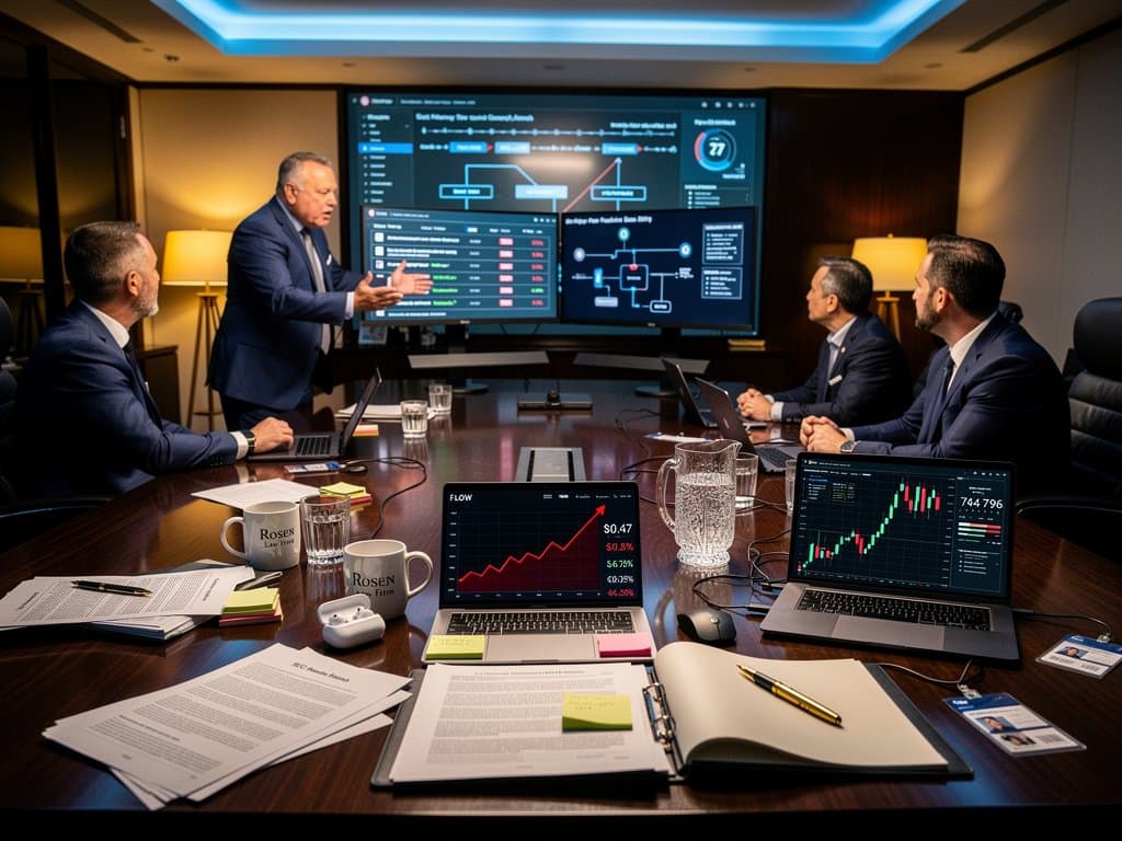 Attorneys at walnut conference table with monitors showing crypto charts and SEC docs in modern law firm overlooking skyline