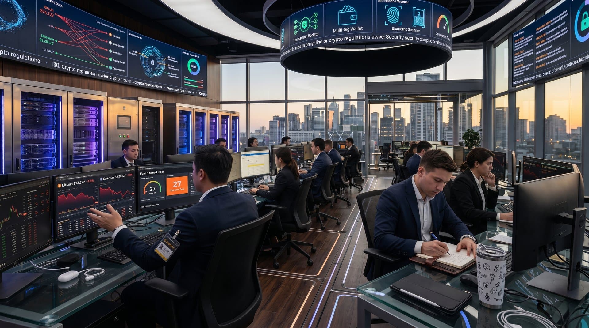 Holographic displays of CZ memoir insights on crypto security charts: Bitcoin at $74,722 USD, Fear & Greed at 27 in high-tech center