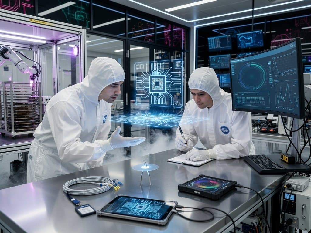Futuristic AI chip fabrication cleanroom with holographic circuits and robotic assembly