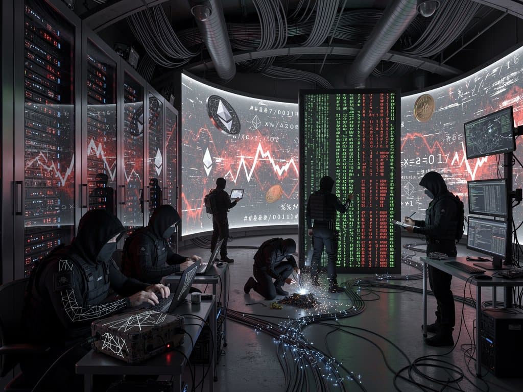 Cyberpunk data center with red Kelp DAO hack alerts on screens amid blockchain servers and urgent engineers