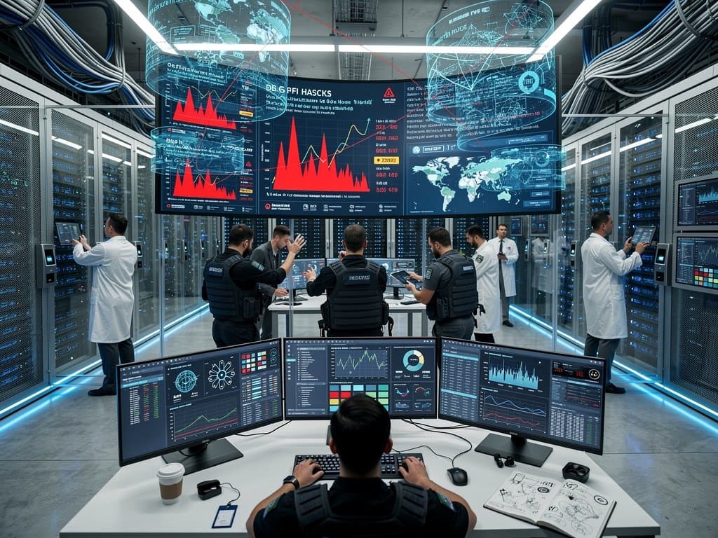 Cybersecurity team at Tier IV data center monitors crypto alerts on video walls amid server racks and Bloomberg terminals